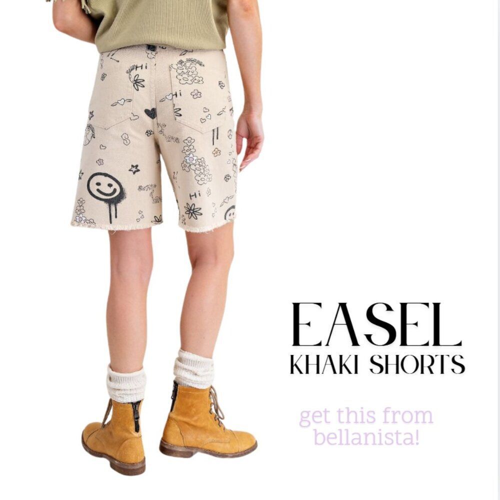easel shorts Khaki Jean Shorts with Black smile smiley face womens size large LG - Picture 5 of 5